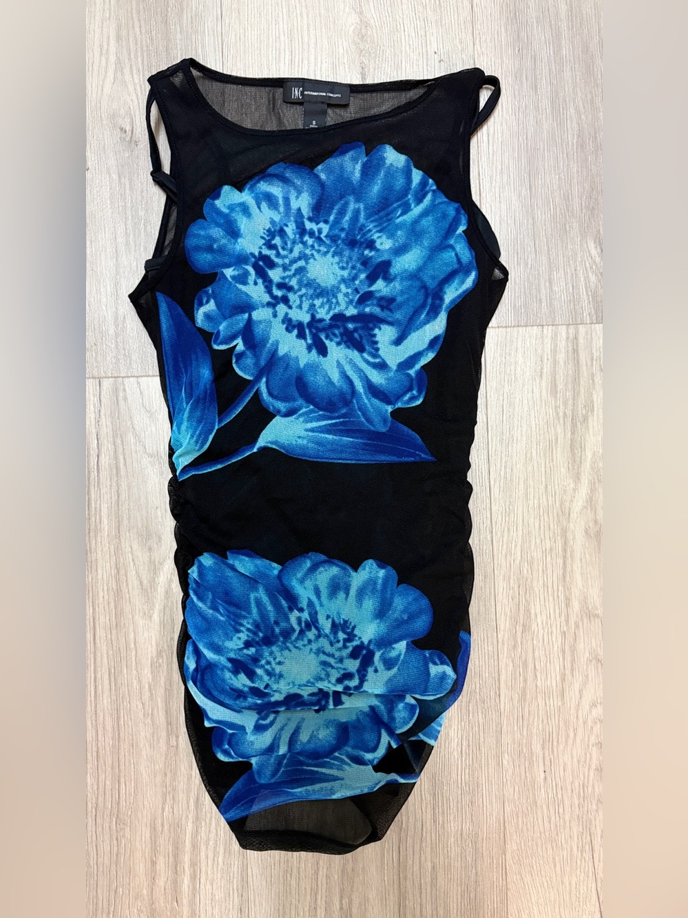 INC International Concepts Black Mesh Camisole with Blue Floral Print